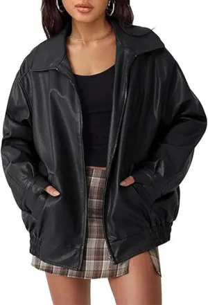 Sexyshine Women's Oversized Jackets PU Leather Leather Faux Motorcycle Plus Size Moto Biker Coat Fall Outfits