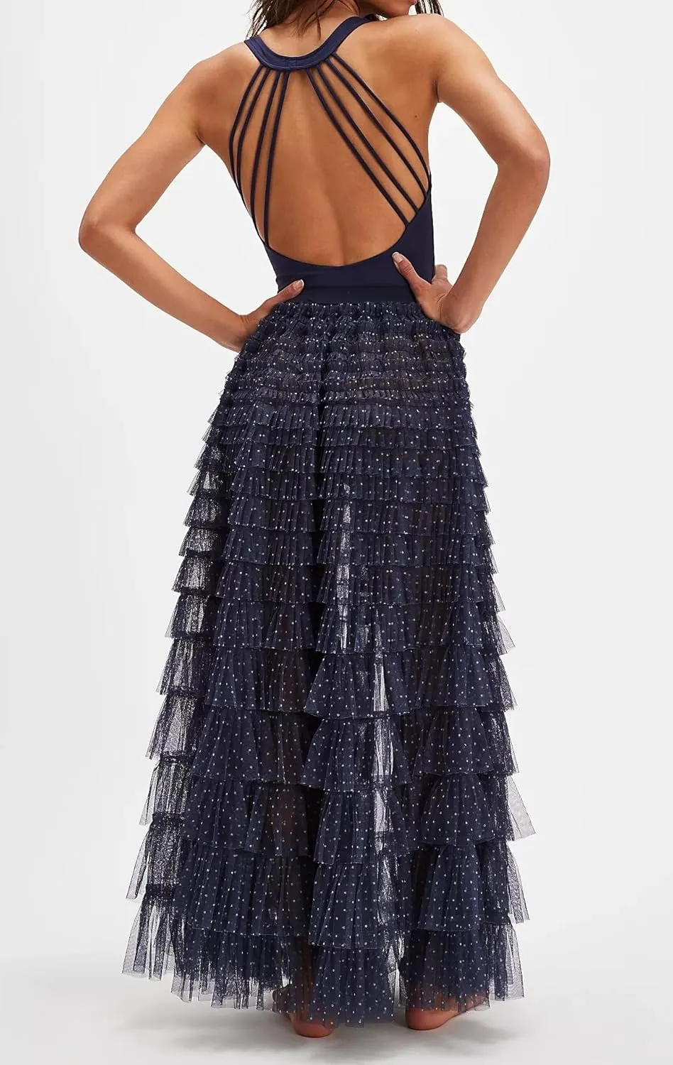 Seyumixi Women Y2k Ruffle Flowy Long Skirt Elastic A Line Tiered Maxi Skirts See Through Mesh Layering Slip Underskirt