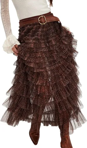 Seyumixi Women Y2k Ruffle Flowy Long Skirt Elastic A Line Tiered Maxi Skirts See Through Mesh Layering Slip Underskirt