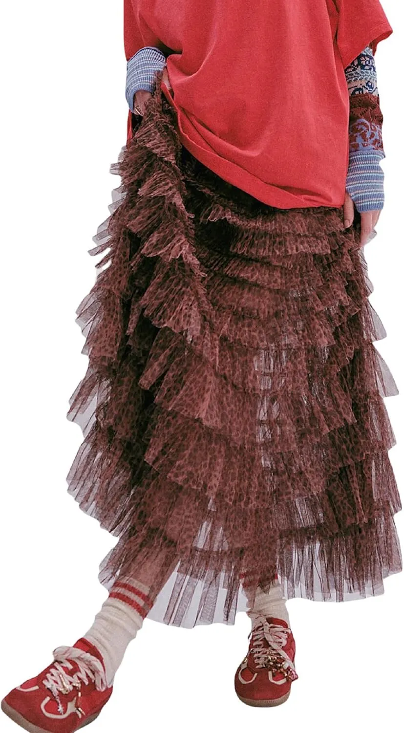 Seyumixi Women Y2k Ruffle Flowy Long Skirt Elastic A Line Tiered Maxi Skirts See Through Mesh Layering Slip Underskirt