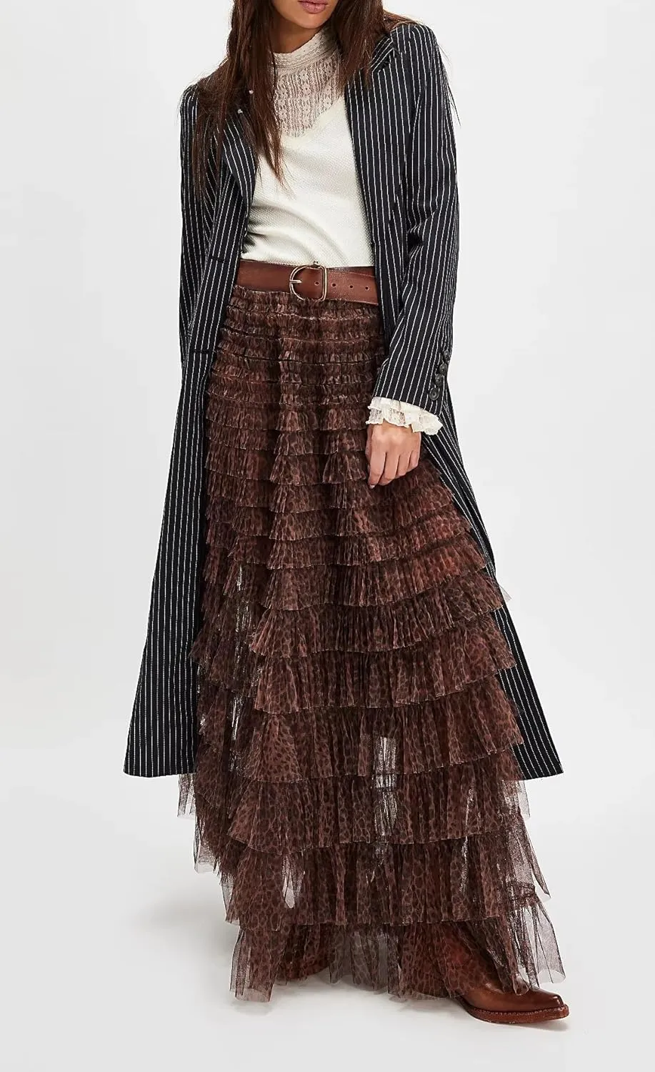 Seyumixi Women Y2k Ruffle Flowy Long Skirt Elastic A Line Tiered Maxi Skirts See Through Mesh Layering Slip Underskirt