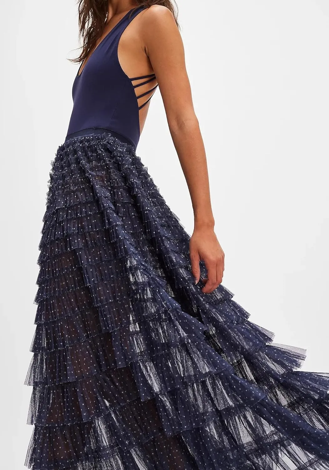 Seyumixi Women Y2k Ruffle Flowy Long Skirt Elastic A Line Tiered Maxi Skirts See Through Mesh Layering Slip Underskirt