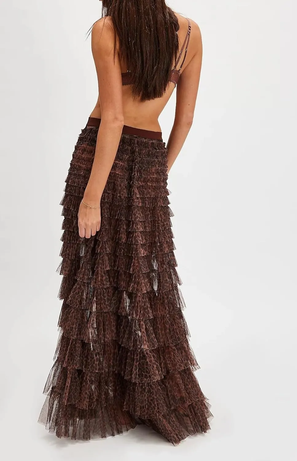 Seyumixi Women Y2k Ruffle Flowy Long Skirt Elastic A Line Tiered Maxi Skirts See Through Mesh Layering Slip Underskirt