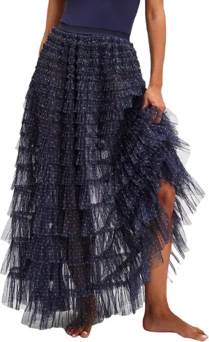 Seyumixi Women Y2k Ruffle Flowy Long Skirt Elastic A Line Tiered Maxi Skirts See Through Mesh Layering Slip Underskirt