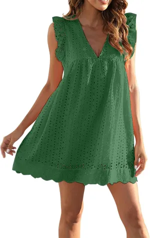 SHAOBGE Sundresses for Women Trendy 2024 Women's Lace Jacquard Cutout Pocket Liner Shorts V Neck Plus Size
