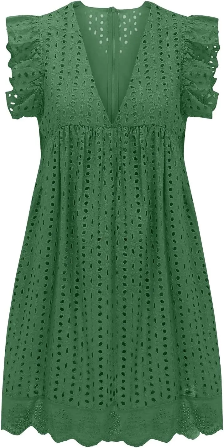 SHAOBGE Sundresses for Women Trendy 2024 Women's Lace Jacquard Cutout Pocket Liner Shorts V Neck Plus Size