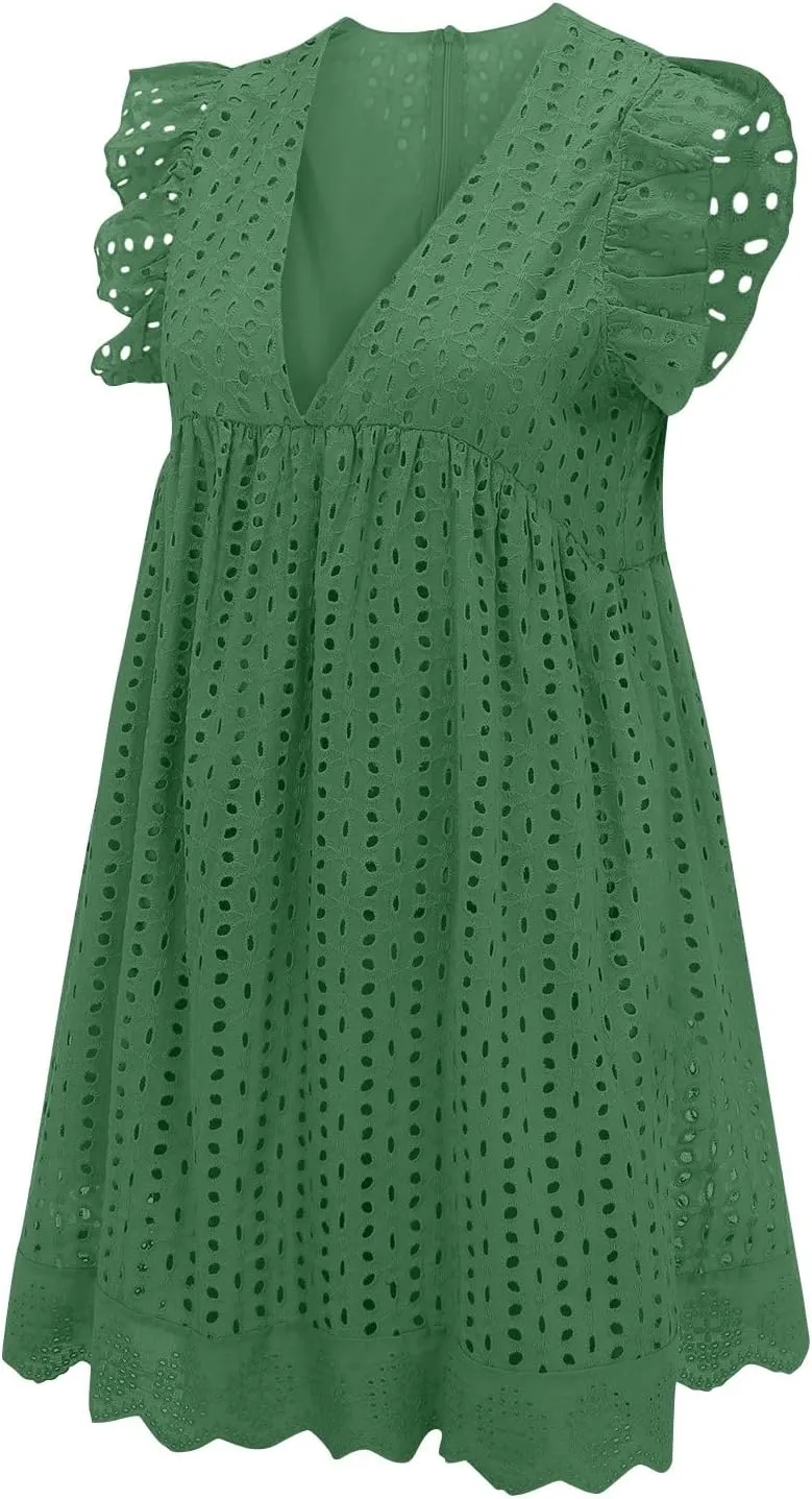 SHAOBGE Sundresses for Women Trendy 2024 Women's Lace Jacquard Cutout Pocket Liner Shorts V Neck Plus Size