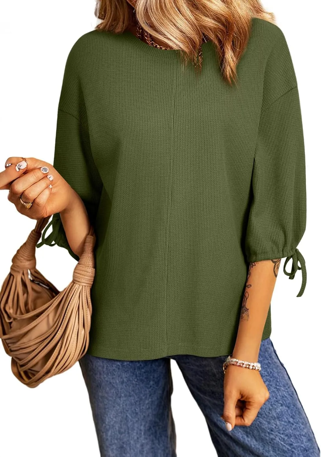 SHEWIN Women's 3/4 Length Sleeve Tunic Tops Loose Fit Casual Crewneck Waffle Knit T Shirts