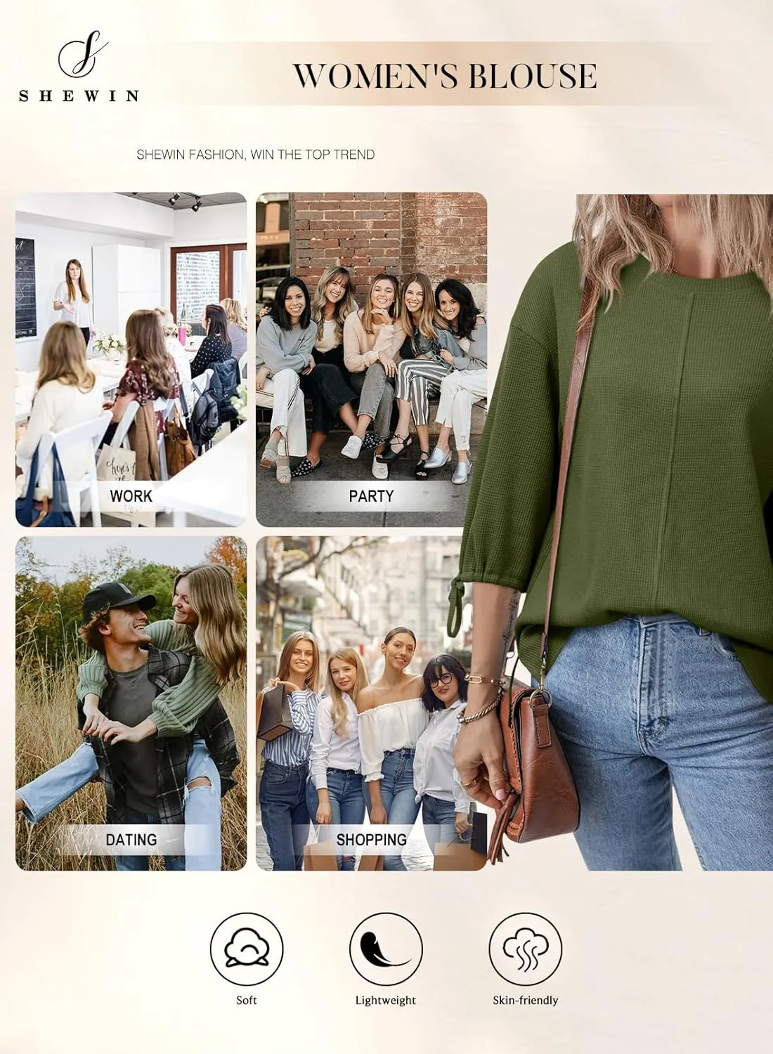 SHEWIN Women's 3/4 Length Sleeve Tunic Tops Loose Fit Casual Crewneck Waffle Knit T Shirts