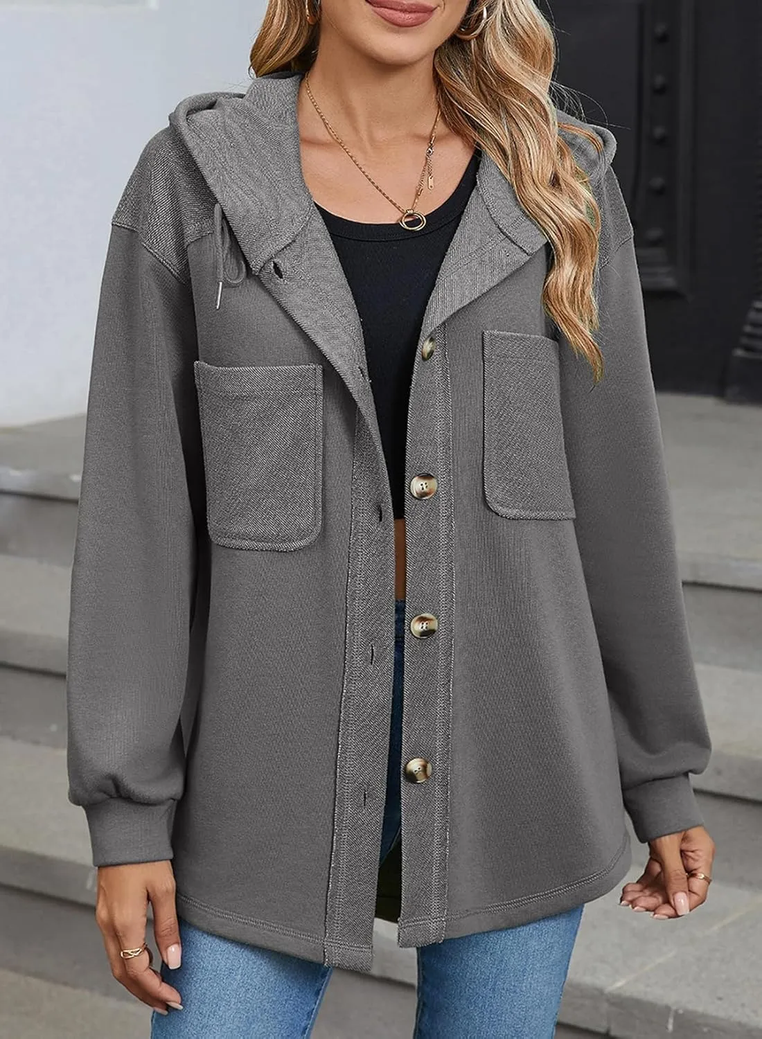 SHEWIN Womens Shacket Casual Fall Jackets Hooded Loose Long Sleeve Tops Button Down Coat