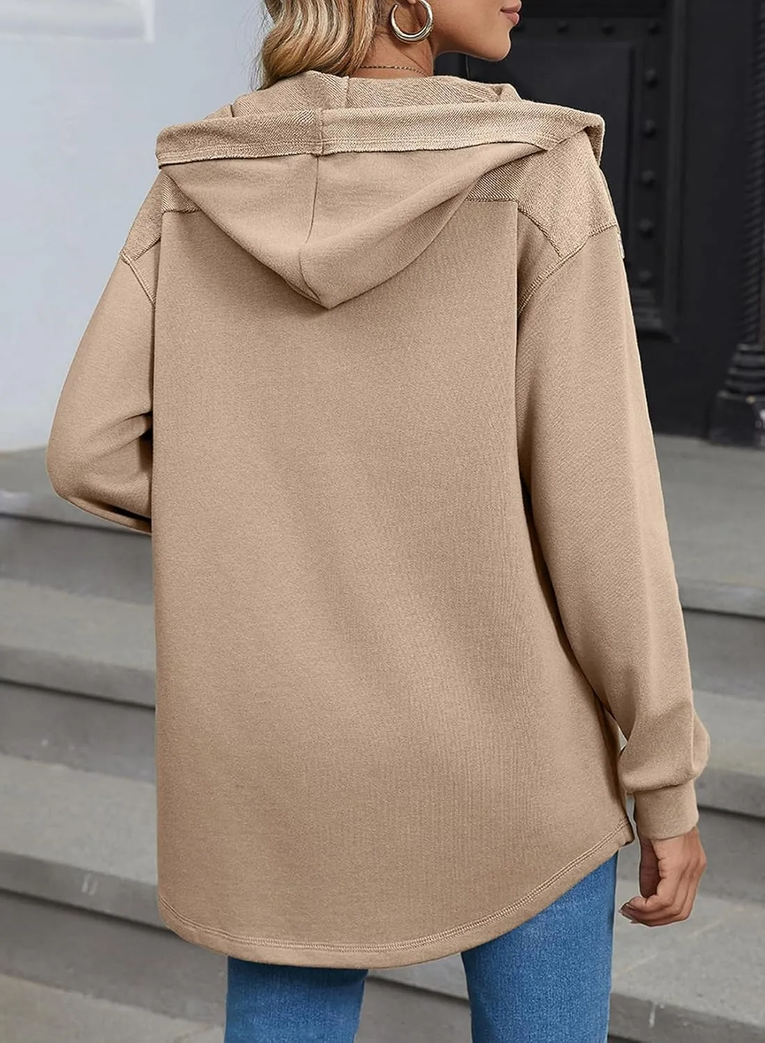 SHEWIN Womens Shacket Casual Fall Jackets Hooded Loose Long Sleeve Tops Button Down Coat