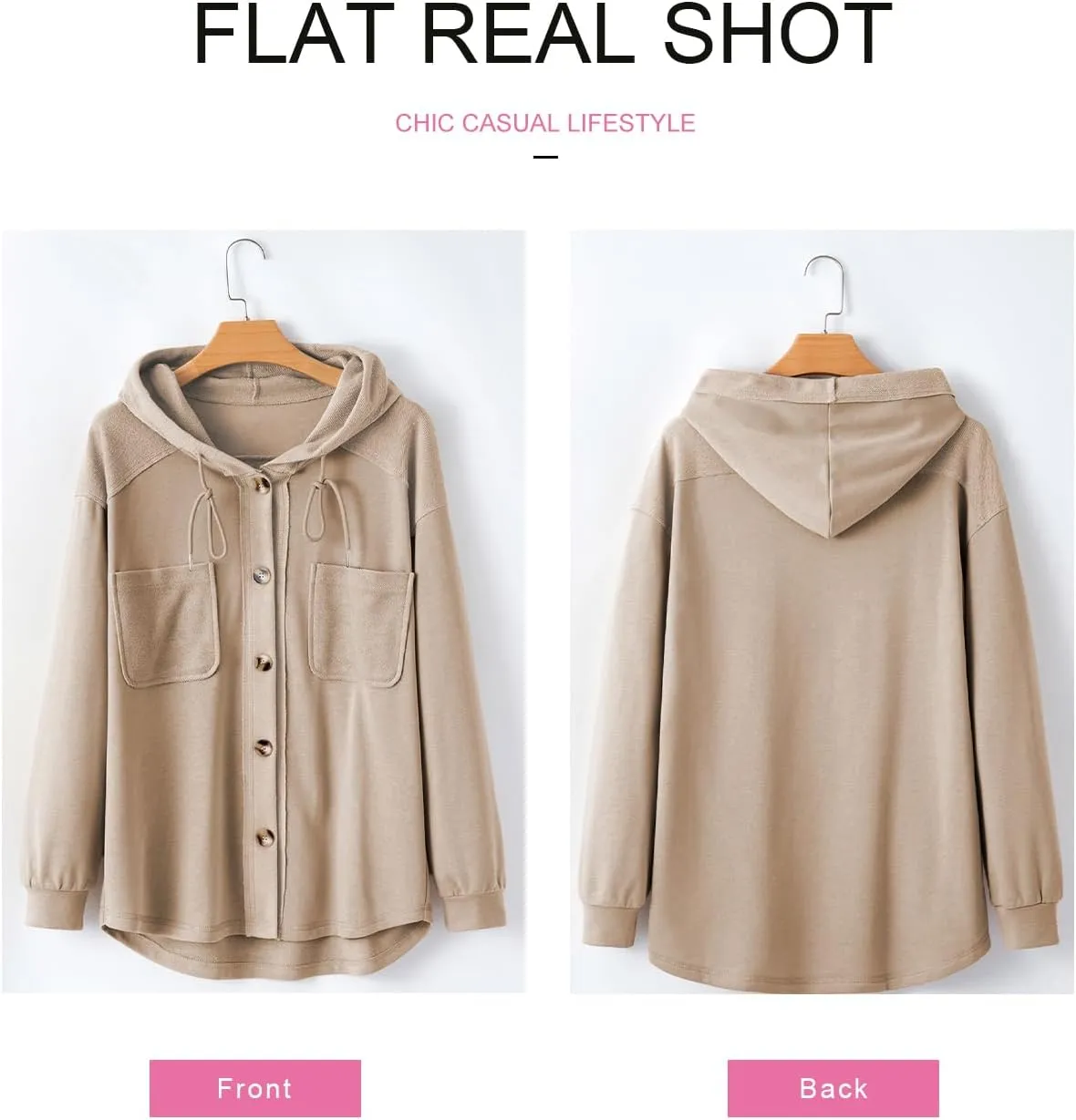 SHEWIN Womens Shacket Casual Fall Jackets Hooded Loose Long Sleeve Tops Button Down Coat