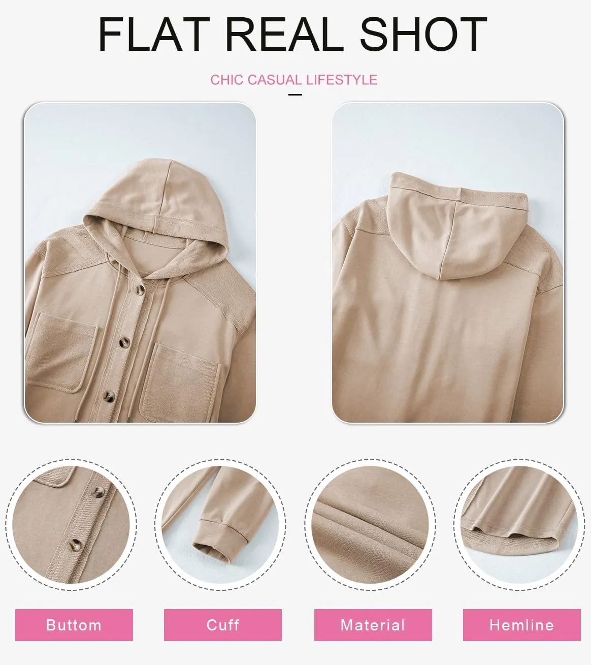 SHEWIN Womens Shacket Casual Fall Jackets Hooded Loose Long Sleeve Tops Button Down Coat