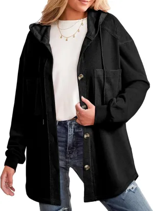 SHEWIN Womens Shacket Casual Fall Jackets Hooded Loose Long Sleeve Tops Button Down Coat