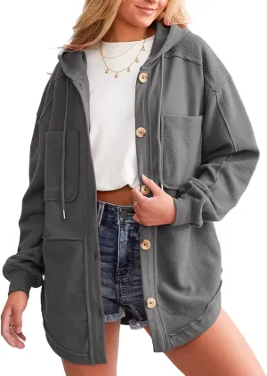 SHEWIN Womens Shacket Casual Fall Jackets Hooded Loose Long Sleeve Tops Button Down Coat