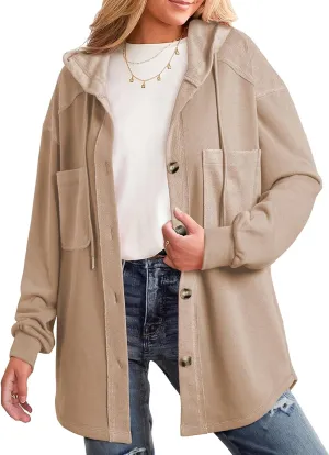 SHEWIN Womens Shacket Casual Fall Jackets Hooded Loose Long Sleeve Tops Button Down Coat