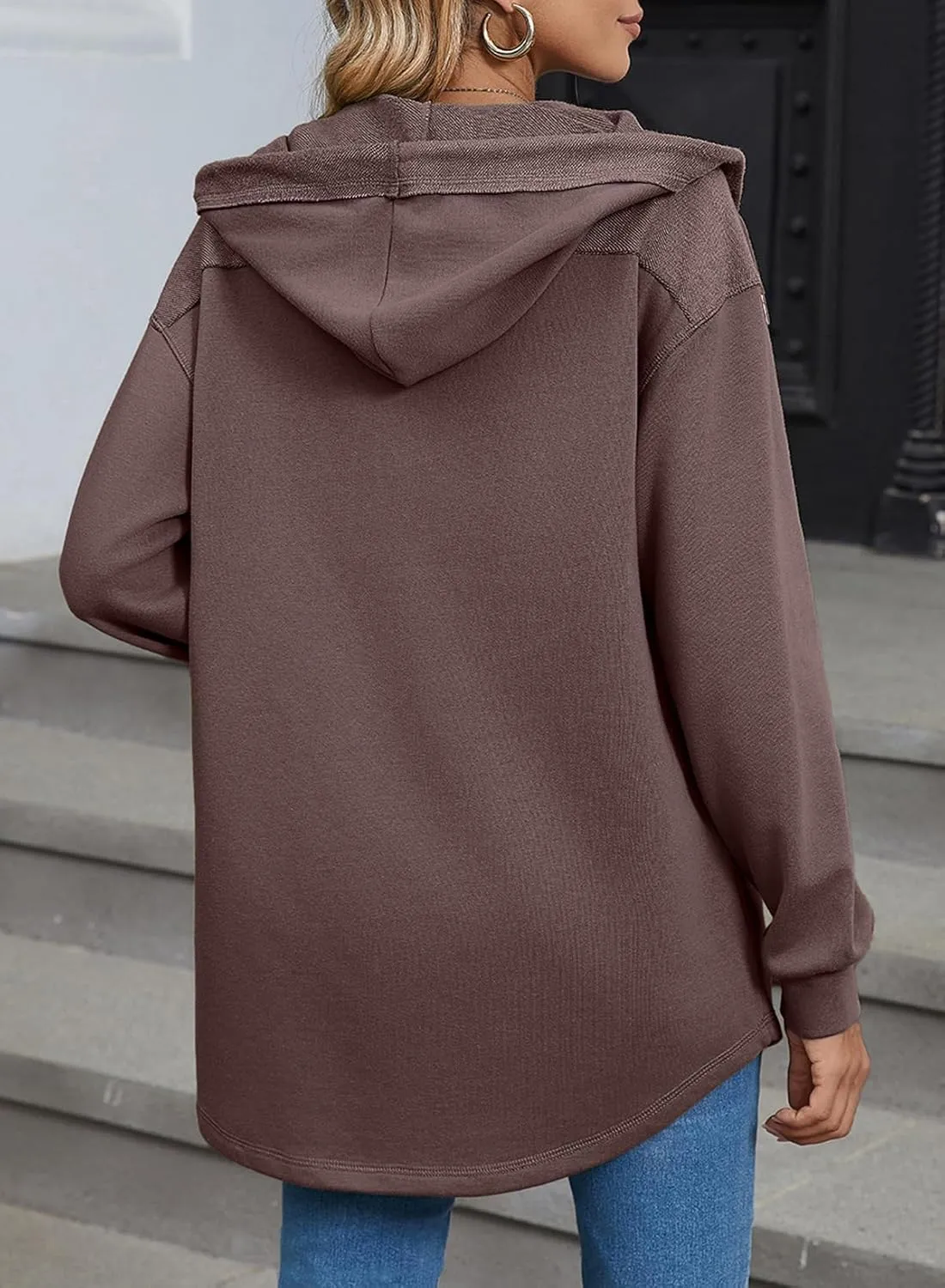 SHEWIN Womens Shacket Casual Fall Jackets Hooded Loose Long Sleeve Tops Button Down Coat