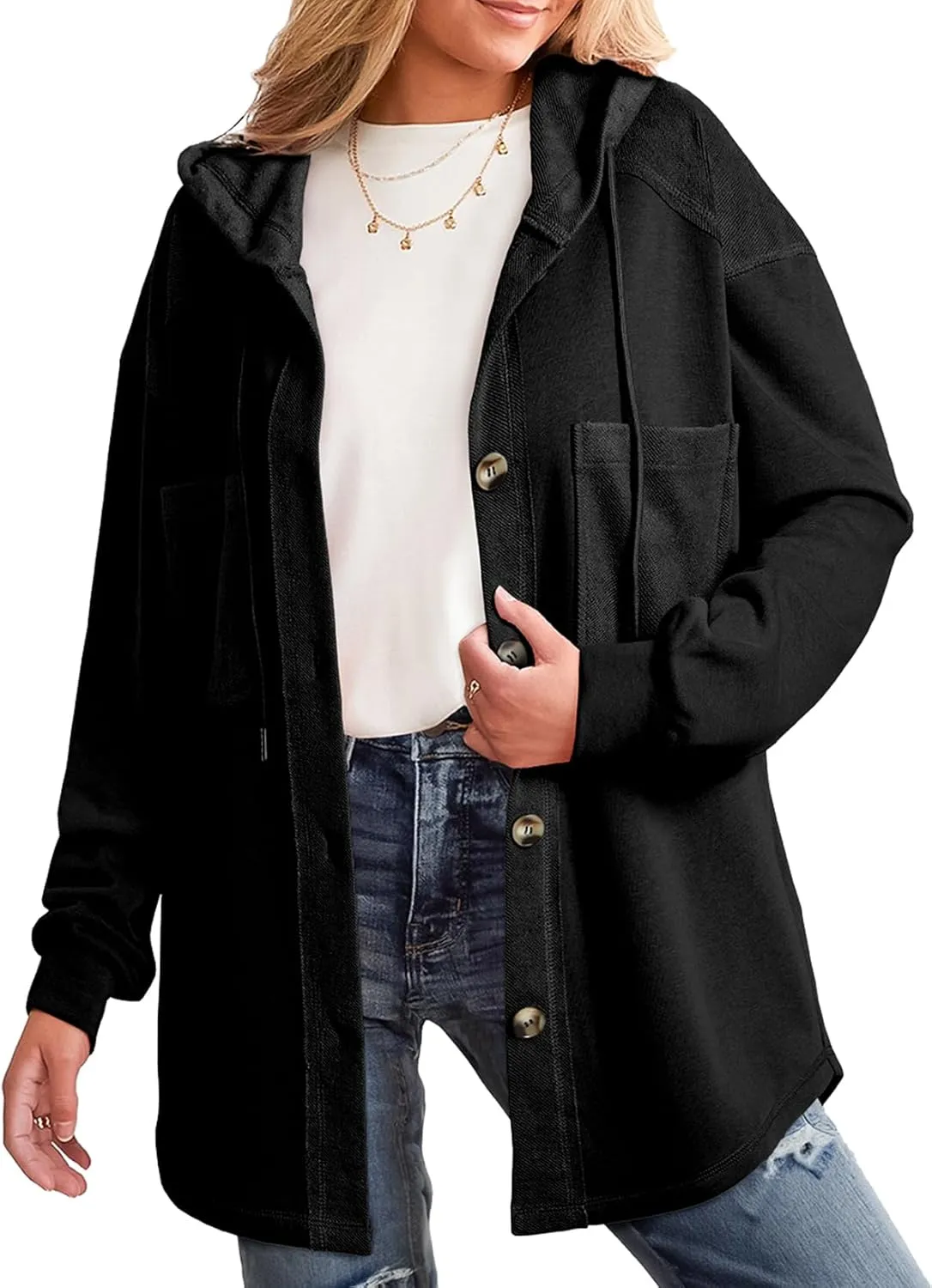 SHEWIN Womens Shacket Casual Fall Jackets Hooded Loose Long Sleeve Tops Button Down Coat