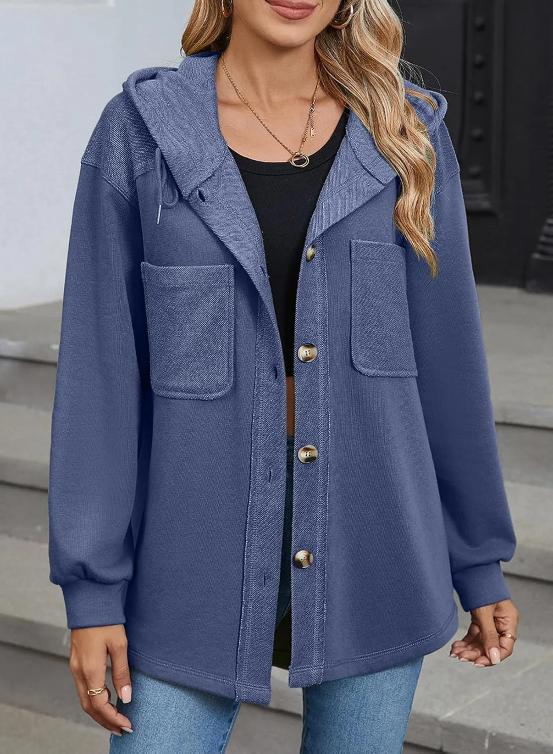 SHEWIN Womens Shacket Casual Fall Jackets Hooded Loose Long Sleeve Tops Button Down Coat