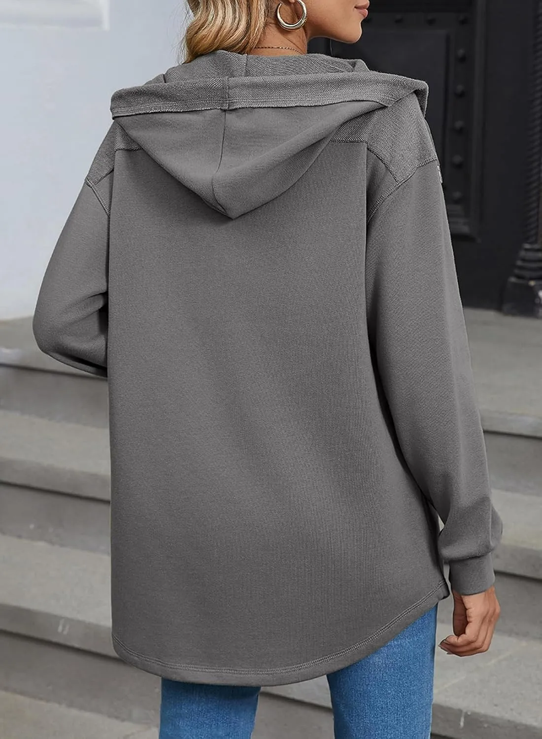 SHEWIN Womens Shacket Casual Fall Jackets Hooded Loose Long Sleeve Tops Button Down Coat