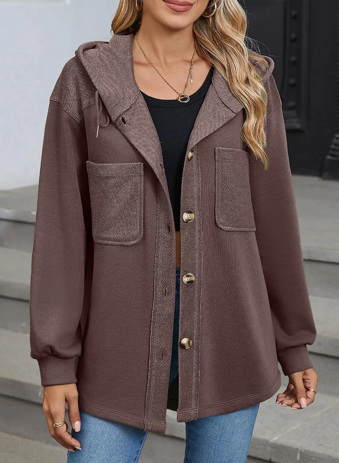 SHEWIN Womens Shacket Casual Fall Jackets Hooded Loose Long Sleeve Tops Button Down Coat