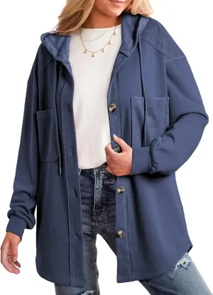 SHEWIN Womens Shacket Casual Fall Jackets Hooded Loose Long Sleeve Tops Button Down Coat
