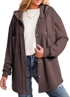 SHEWIN Womens Shacket Casual Fall Jackets Hooded Loose Long Sleeve Tops Button Down Coat