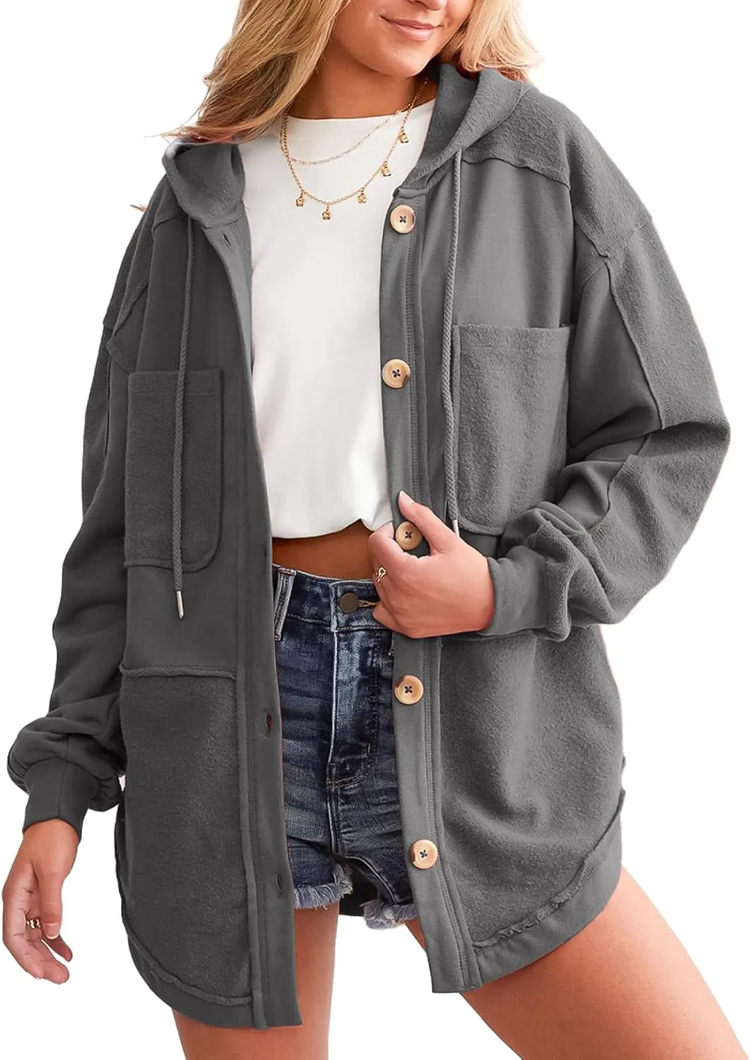 SHEWIN Womens Shacket Casual Fall Jackets Hooded Loose Long Sleeve Tops Button Down Coat