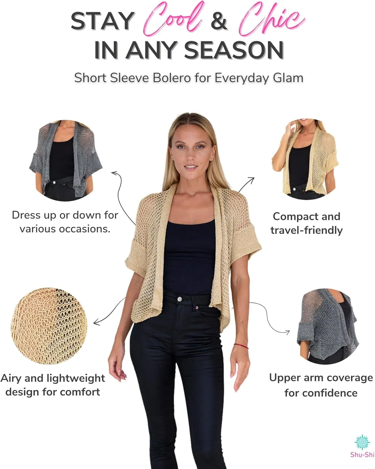 SHU-SHI Womens Short Sleeve Bolero Shrug Open Front Knit Cardigan Sheer Sweater