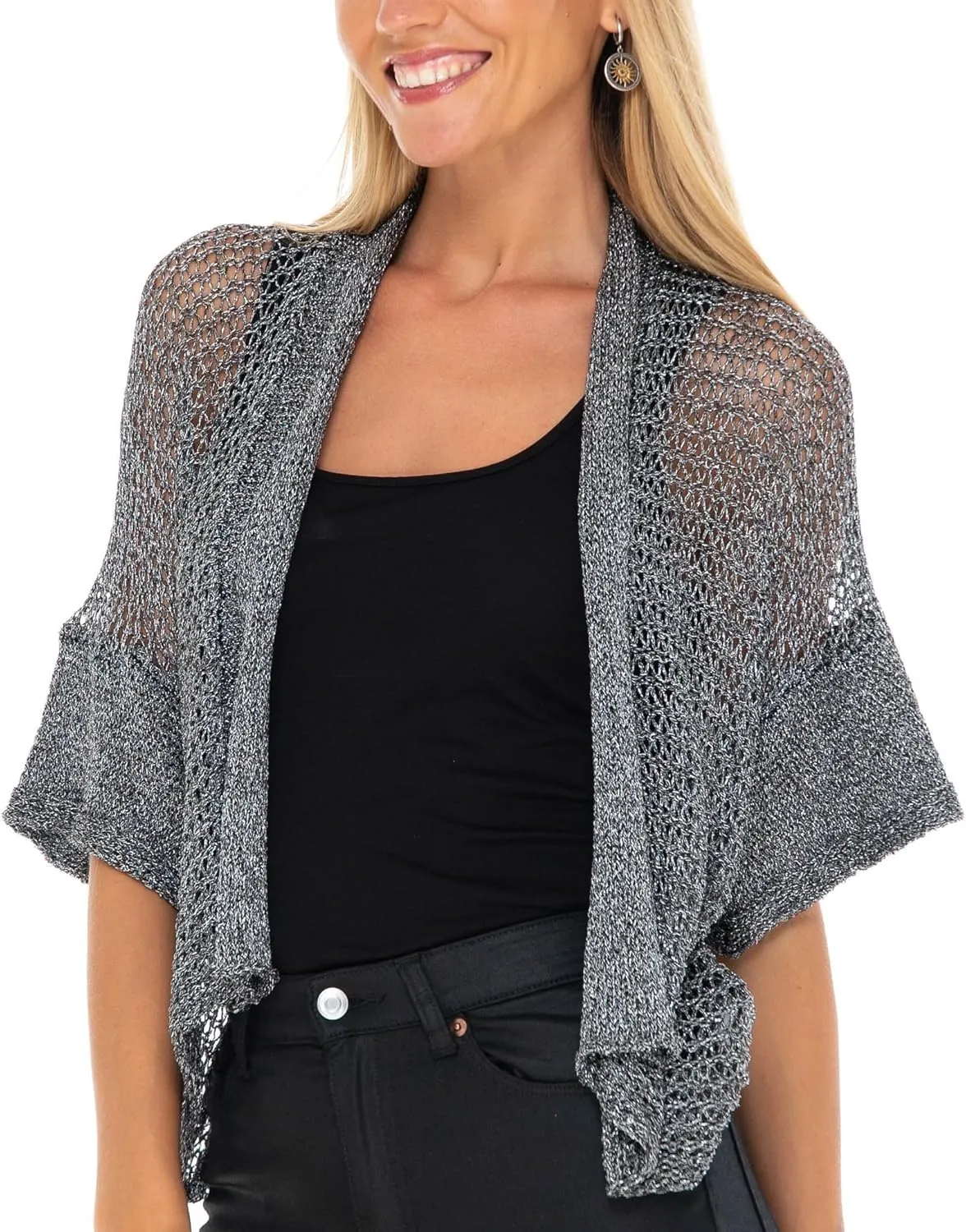 SHU-SHI Womens Short Sleeve Bolero Shrug Open Front Knit Cardigan Sheer Sweater