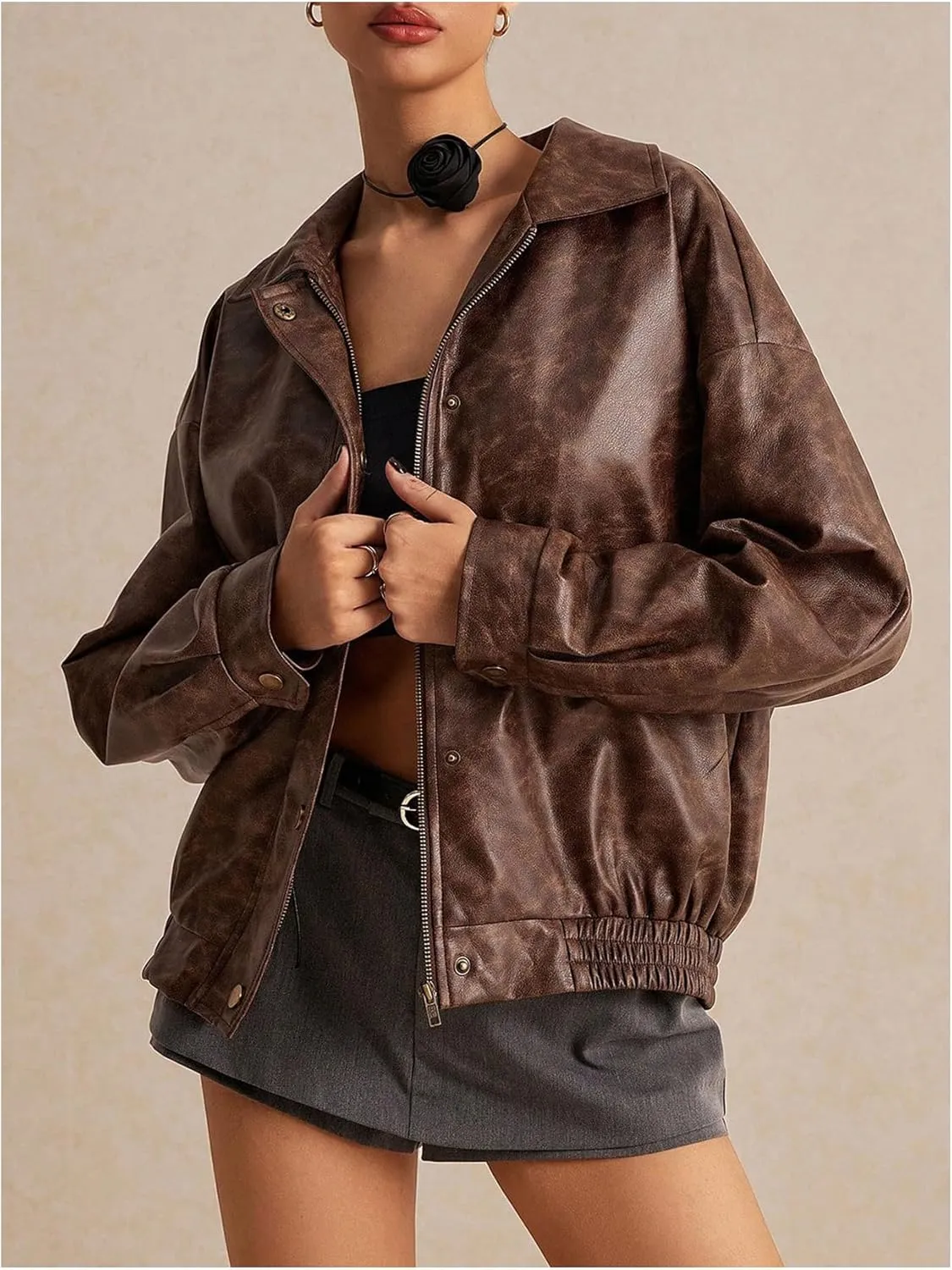SOLY HUX Women's Oversized Faux Leather Jacket Button Front Aviator Jackets Zip Up Motorcycle Biker Coat
