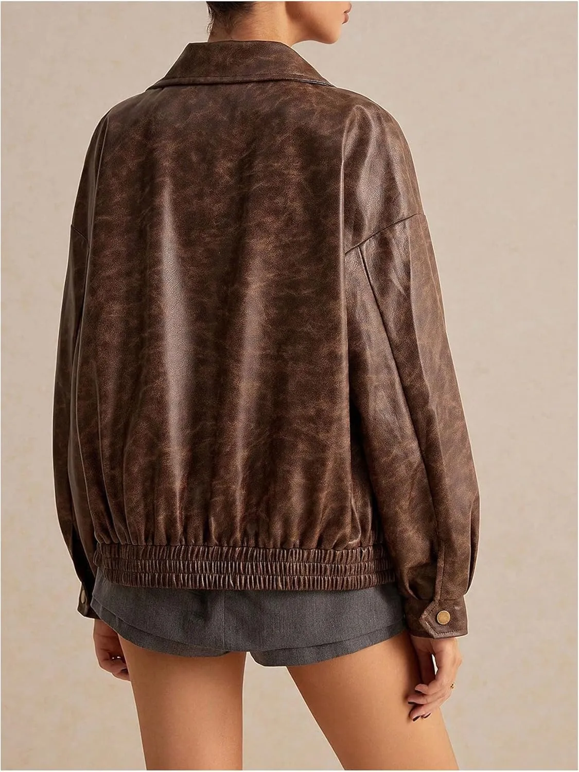 SOLY HUX Women's Oversized Faux Leather Jacket Button Front Aviator Jackets Zip Up Motorcycle Biker Coat