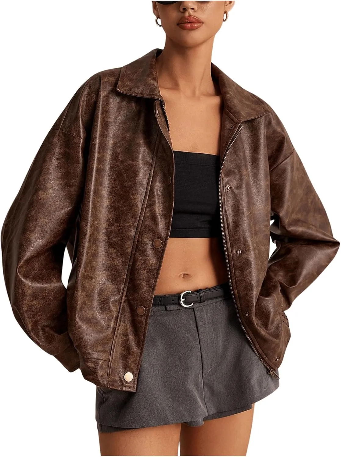SOLY HUX Women's Oversized Faux Leather Jacket Button Front Aviator Jackets Zip Up Motorcycle Biker Coat