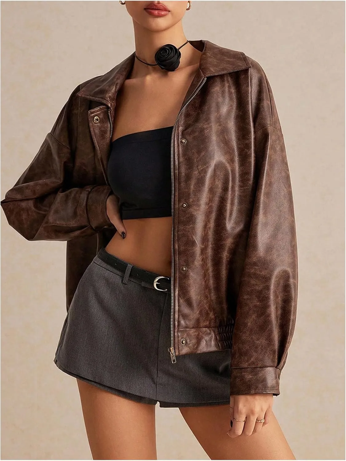 SOLY HUX Women's Oversized Faux Leather Jacket Button Front Aviator Jackets Zip Up Motorcycle Biker Coat