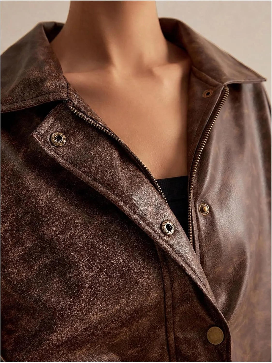 SOLY HUX Women's Oversized Faux Leather Jacket Button Front Aviator Jackets Zip Up Motorcycle Biker Coat