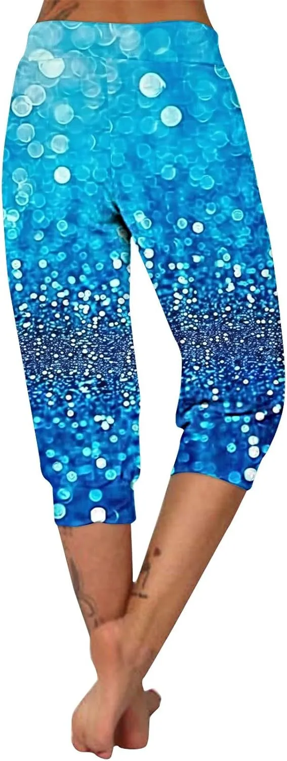 Sparkly Capris for Women High Rise Sequin Sports Athletic Pants Trending Party Cropped Trouser Cute Capri