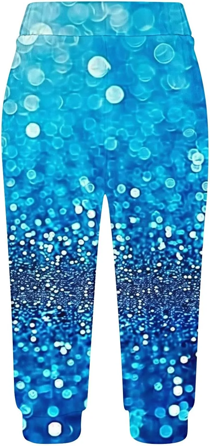 Sparkly Capris for Women High Rise Sequin Sports Athletic Pants Trending Party Cropped Trouser Cute Capri
