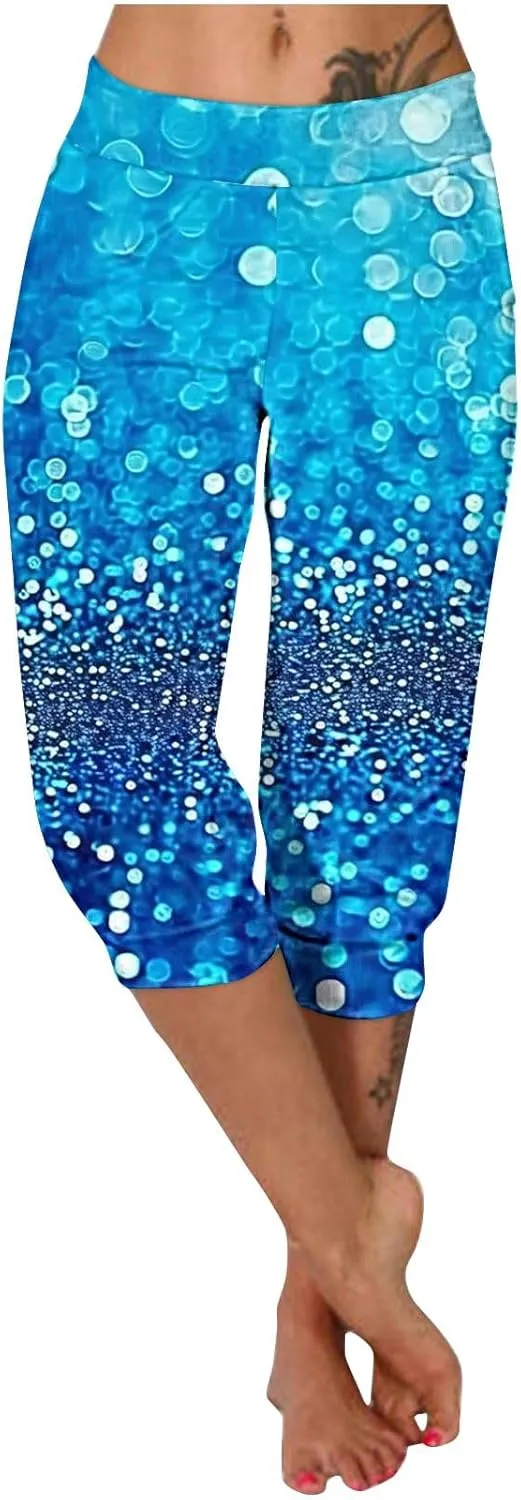 Sparkly Capris for Women High Rise Sequin Sports Athletic Pants Trending Party Cropped Trouser Cute Capri