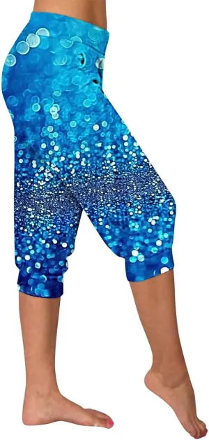 Sparkly Capris for Women High Rise Sequin Sports Athletic Pants Trending Party Cropped Trouser Cute Capri
