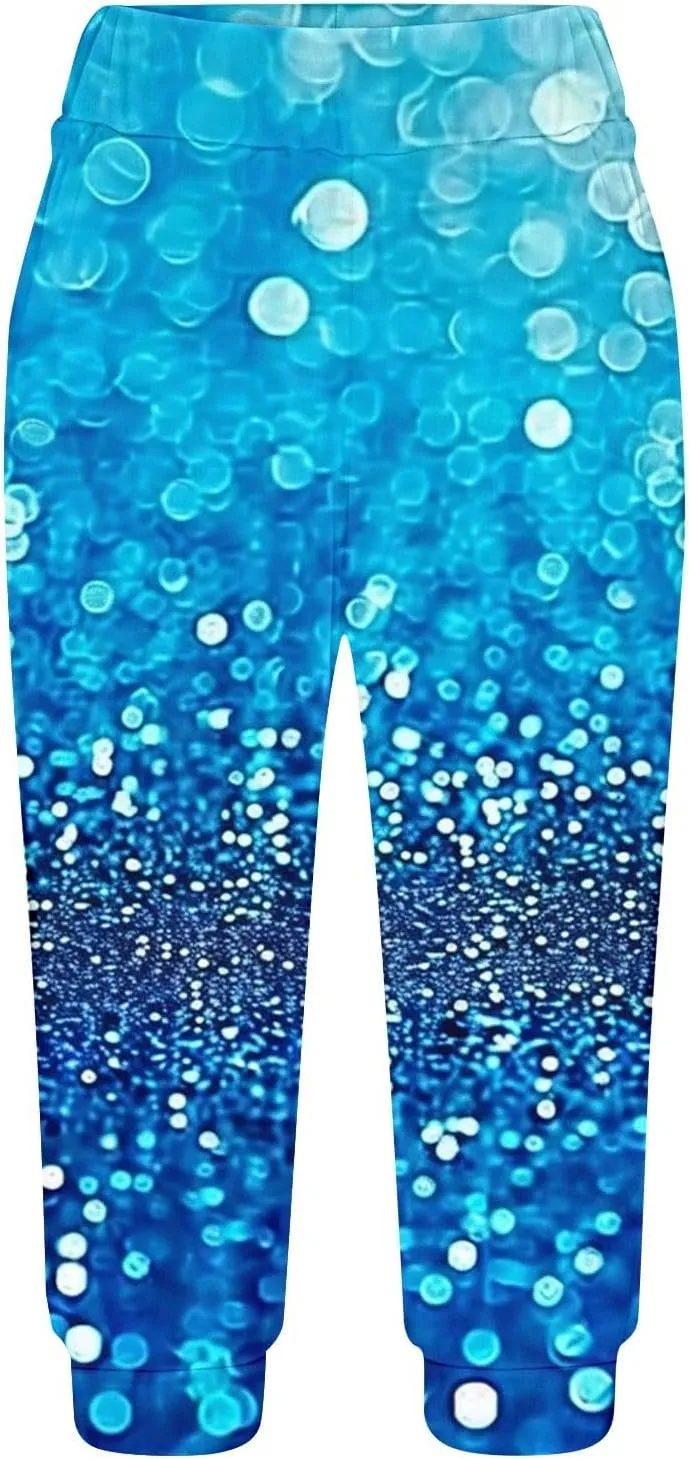 Sparkly Capris for Women High Rise Sequin Sports Athletic Pants Trending Party Cropped Trouser Cute Capri