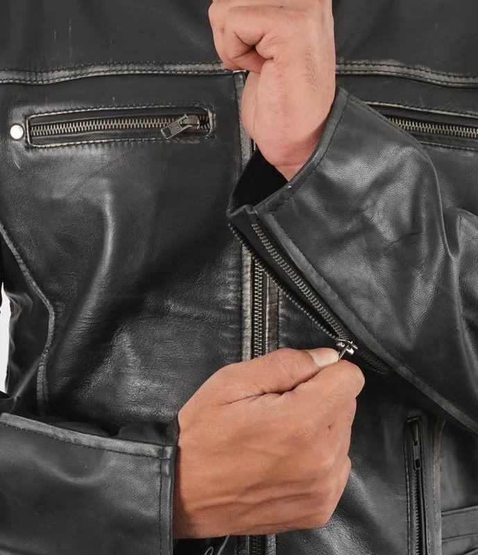 SpazeUp Harley Black Distressed Leather Biker Jacket Men - Vintage Cafe Racer Motorcycle Leather Jackets for Men