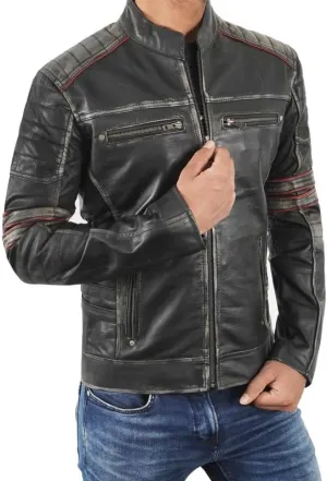 SpazeUp Harley Black Distressed Leather Biker Jacket Men - Vintage Cafe Racer Motorcycle Leather Jackets for Men
