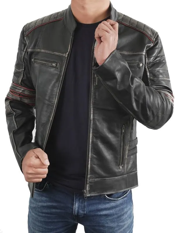 SpazeUp Harley Black Distressed Leather Biker Jacket Men - Vintage Cafe Racer Motorcycle Leather Jackets for Men