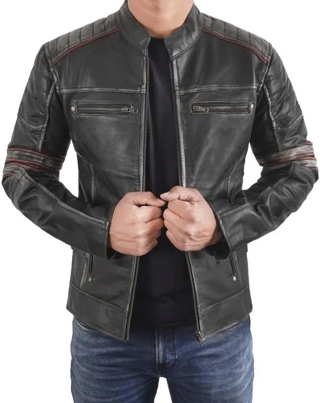 SpazeUp Harley Black Distressed Leather Biker Jacket Men - Vintage Cafe Racer Motorcycle Leather Jackets for Men