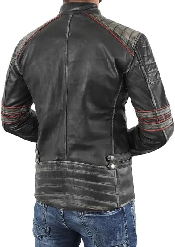 SpazeUp Harley Black Distressed Leather Biker Jacket Men - Vintage Cafe Racer Motorcycle Leather Jackets for Men