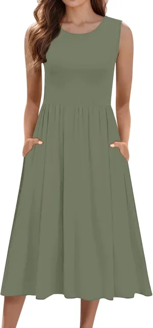 Spring Dresses for Women Tank Midi Dress Sleeveless A-Line Casual Floral T-Shirt Flowy Beach Sundress with Pockets