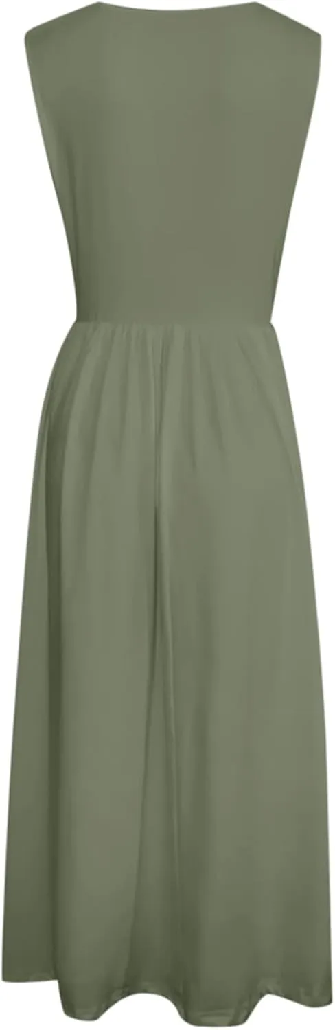 Spring Dresses for Women Tank Midi Dress Sleeveless A-Line Casual Floral T-Shirt Flowy Beach Sundress with Pockets