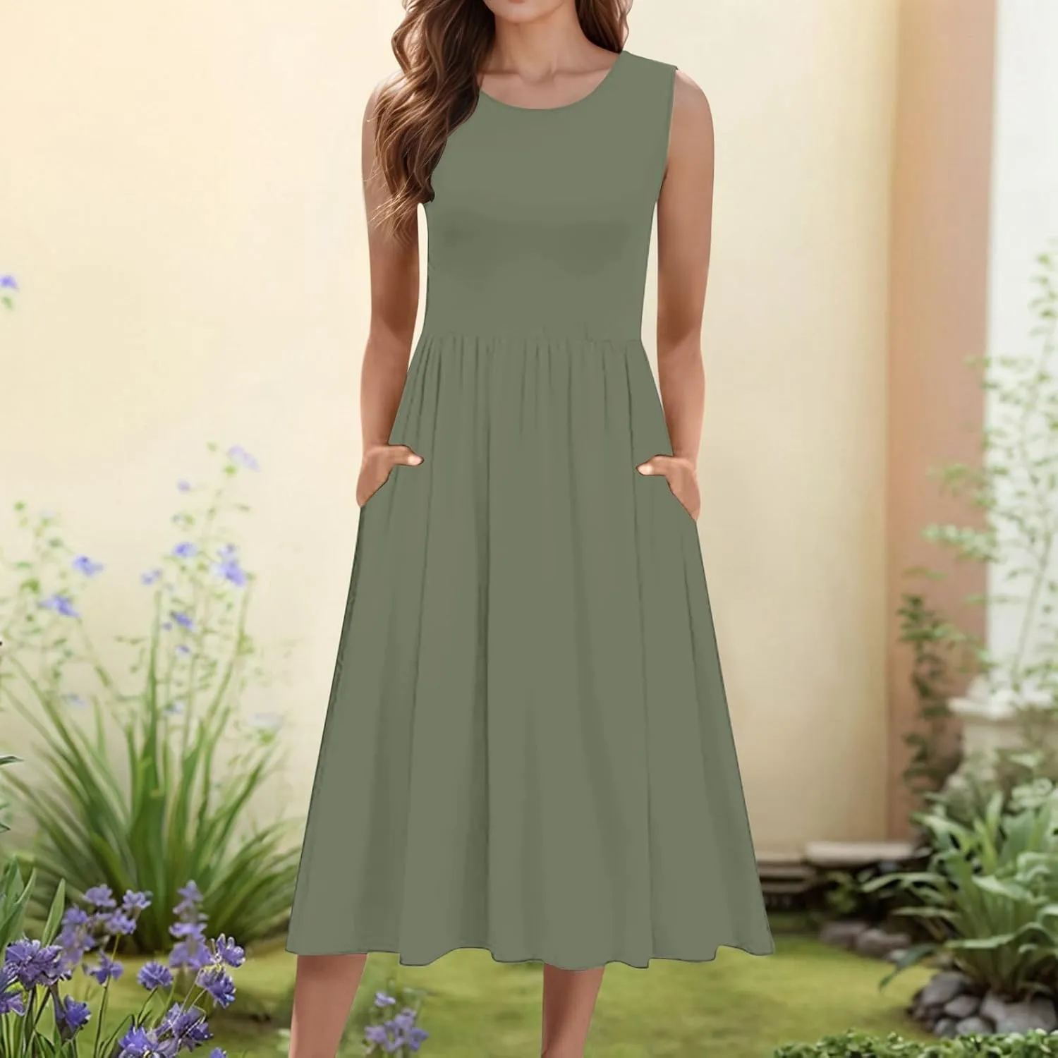 Spring Dresses for Women Tank Midi Dress Sleeveless A-Line Casual Floral T-Shirt Flowy Beach Sundress with Pockets