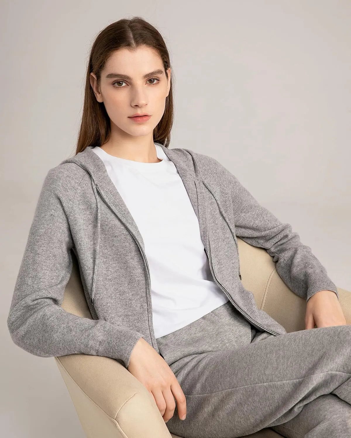 State Cashmere 2-Way Zip Up Hoodie with Pockets and Zipper 100% Pure Cashmere Long Sleeve Sweater for Women Cashmere Hoodies