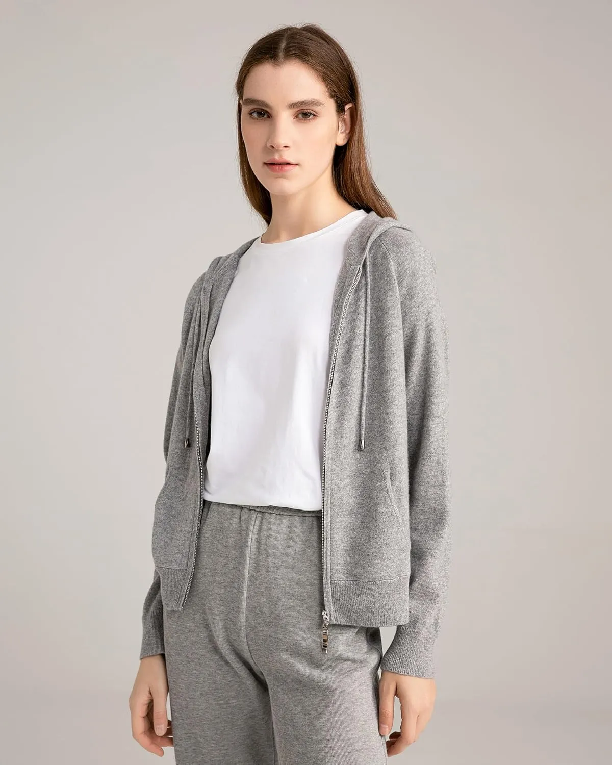 State Cashmere 2-Way Zip Up Hoodie with Pockets and Zipper 100% Pure Cashmere Long Sleeve Sweater for Women Cashmere Hoodies